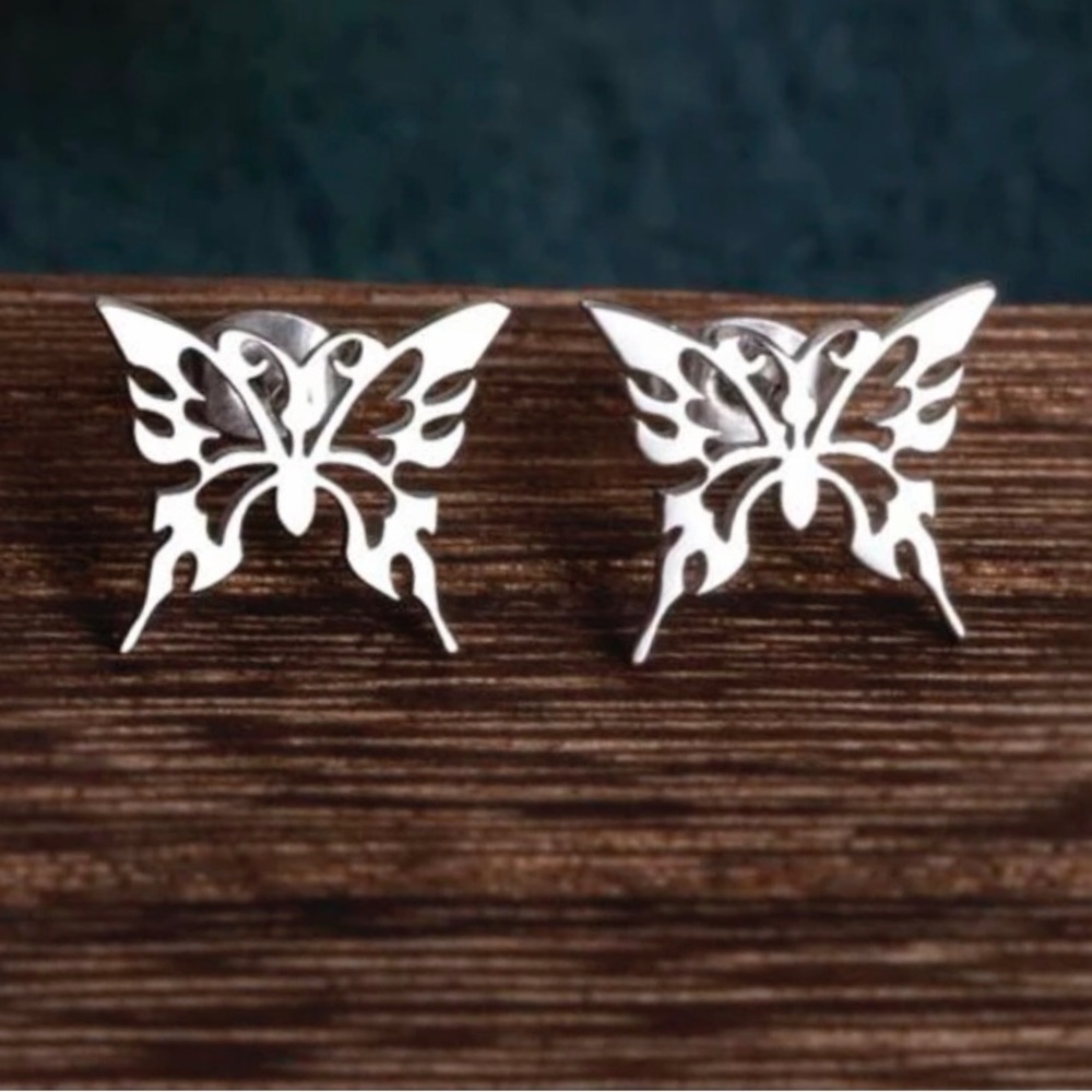“Tribal Butterfly” Silver Stainless Steel Lasercut Cut-out Hollow Dainty Earring - Picture 3 of 6